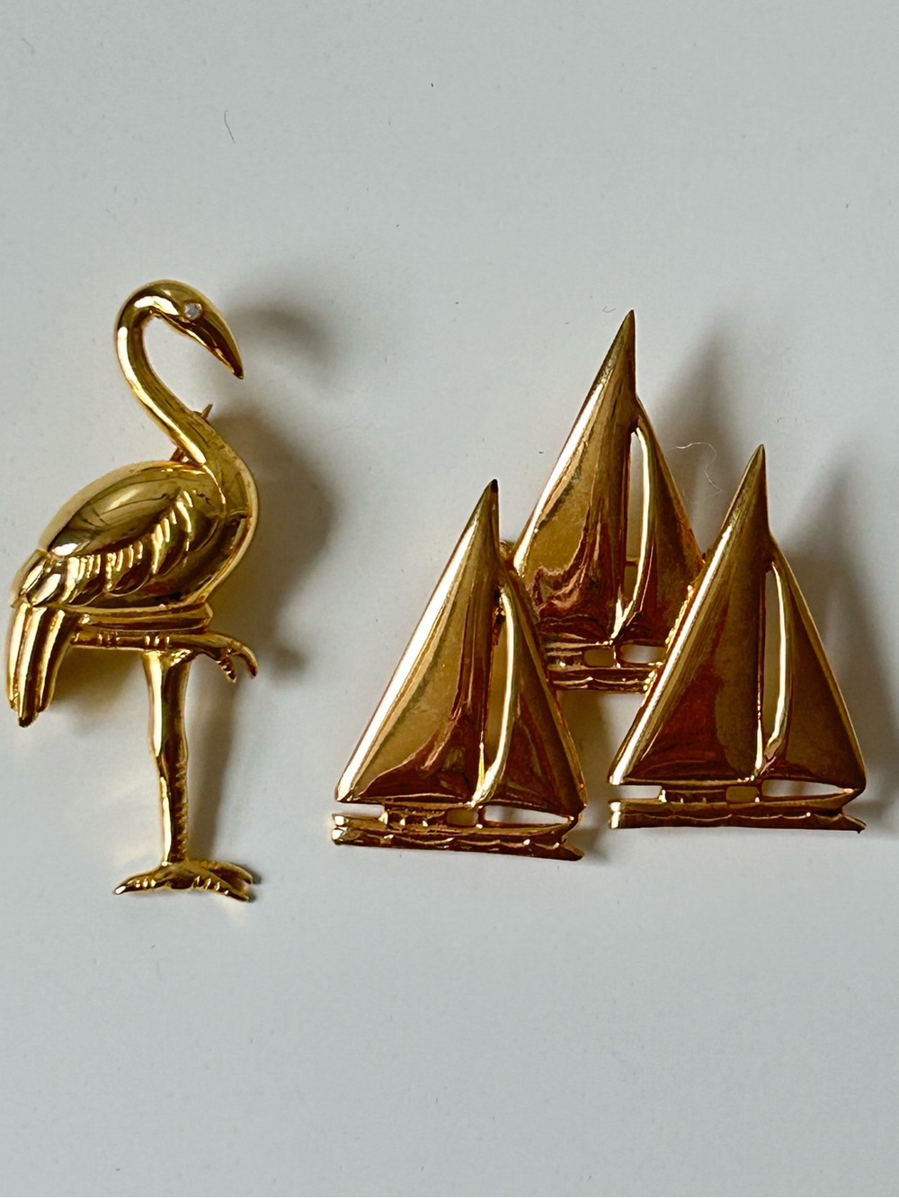 Vintage Flamingo and Sailboat Brooch 2pc Set